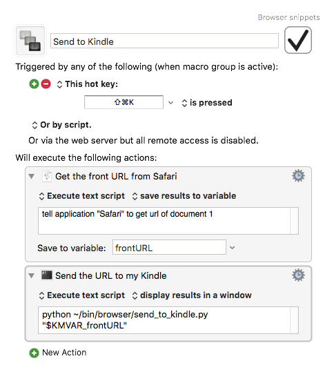 Keyboard Maestro macro. When hot key ⇧⌘K is pressed, execute an AppleScript to get the front Safari tab and run the Python script.