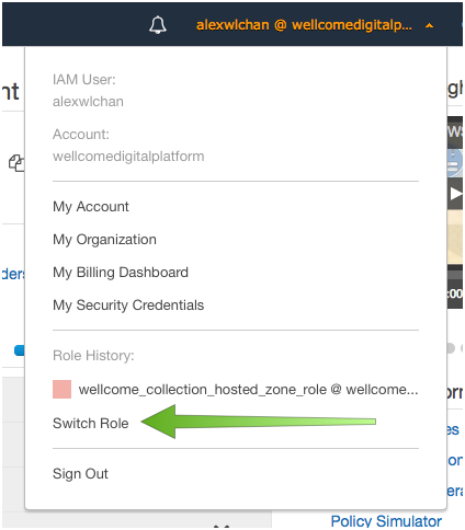 A screenshot from the IAM console, showing a dropdown menu with a green arrow pointing at “Switch Role”.