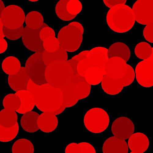 A collection of red circles of various sizes, placed randomly on a black background.