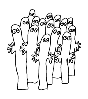 A collection of tall, thin creatures with large wiggly hands on the side of their bodies. They're completely featureless aside from hands and eyes, all of which are staring at us intently.